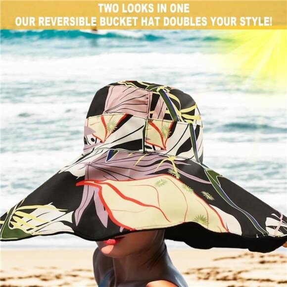 Women's Wide Brim Sun Hats UV Protection - Reversible Bucket Hat Foldable Beach - Picture 3 of 7